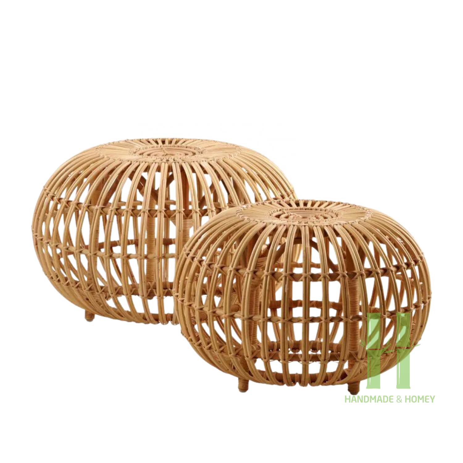 Set of 3 Rattan Ottoman Chair Rustic Wicker Stool Round Rattan Ottoman for Living Room Handmade in HNH Craft Factory