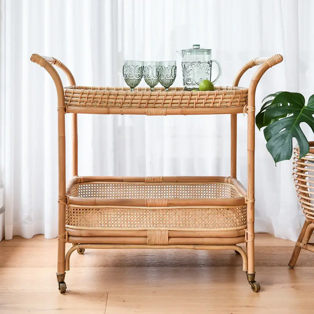 High Quality Rattan Bar Cart Handmade For Hotel Trolley Handmade Rattan Wicker OEM Acceptable Variety of Color Vietnam Handmade