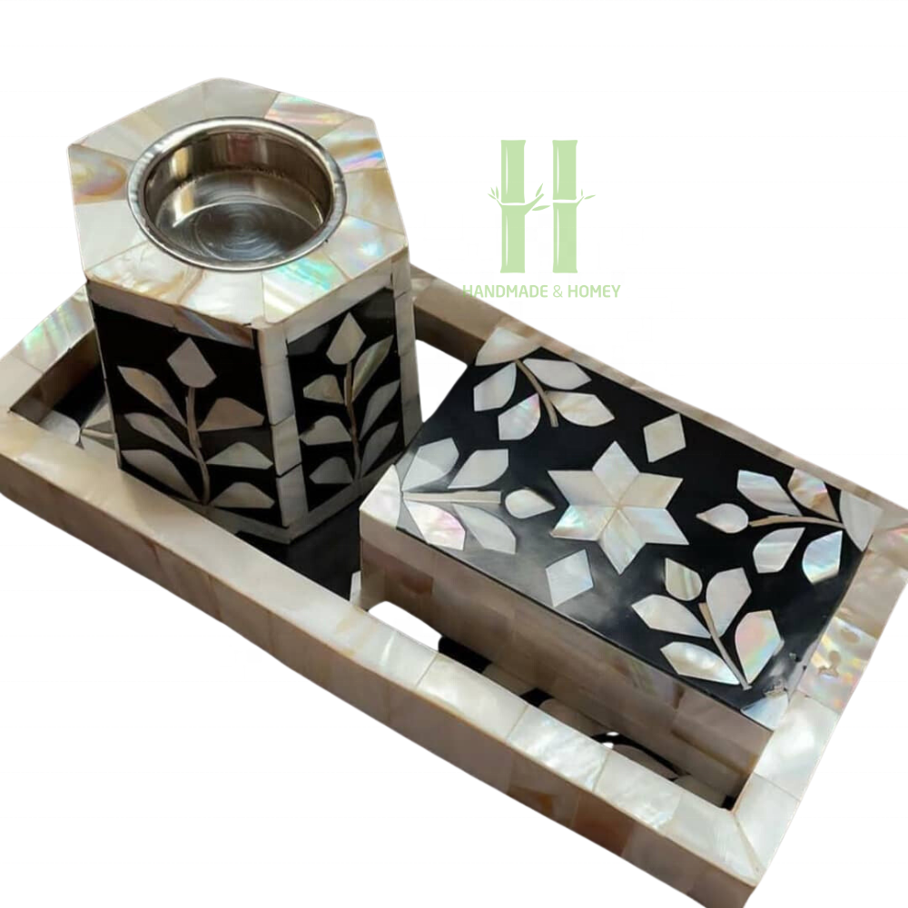 OEM Mother of Pearl Inlaid Incense Burner Arabic Latest Ramadan Gift Set Bakhoor Burner with Tray Box Customized in Vietnam