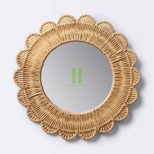 Hot Selling Rattan Flower Scalloped Mirror Decorative Rattan Wall Mirror Wicker Mirror for Bedroom Decoration Made in Vietnam Wh