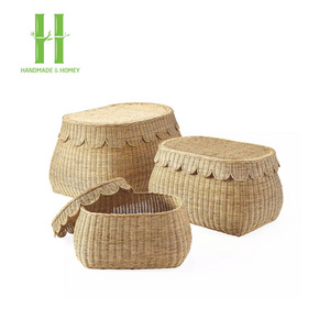 High Quality Rattan Scalloped Baskets Storage With Lid Customized OEM Wholesale Manufacture in Vietnam HNH Craft Manufacture