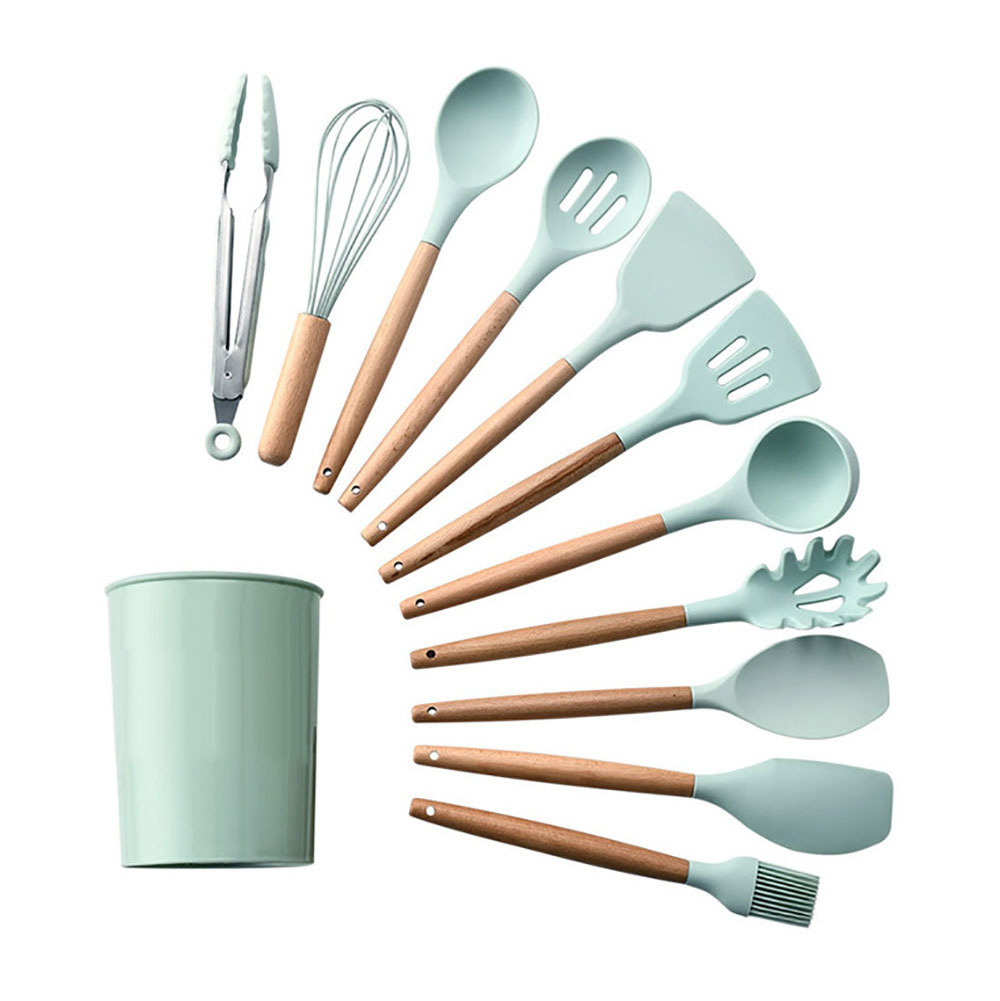 Wholesale Reusable Kitchenware Silicon Kitchen ware Set With Wooden Handles Cooking Tool Nordic style