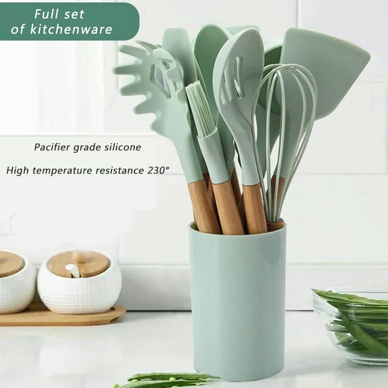 Wholesale Reusable Kitchenware Silicon Kitchen ware Set With Wooden Handles Cooking Tool Nordic style