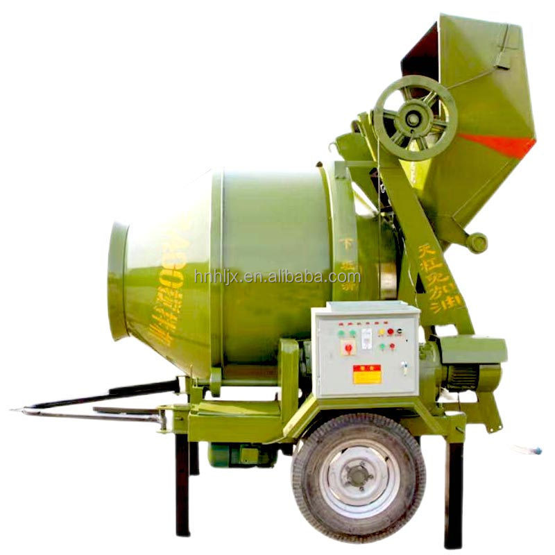 JZC350 mobile self loading concrete mixer construction site small skip mixer with traction electric gear ring drive drum mixer