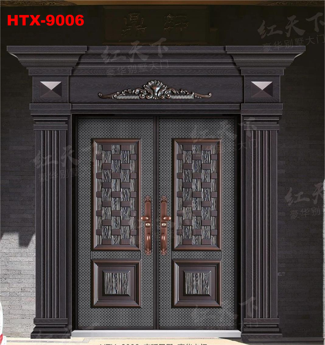 Main gate design home front entry doors with exterior gate decor pillars HTX-9079