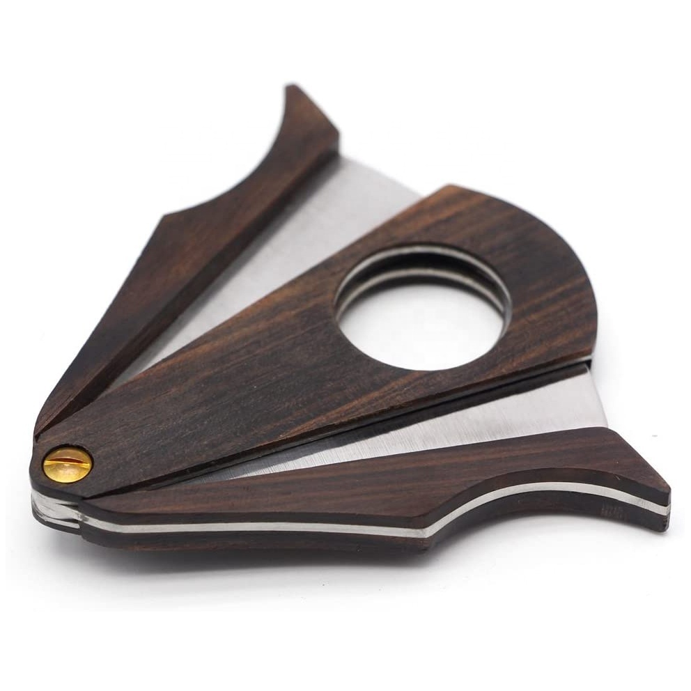 Travel Ox Horn Shaped Premium Zebra Wood Handles Stainless Steel Double Cut Cigar Guillotine Cutter With Lock System