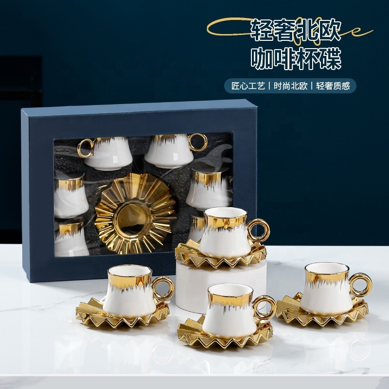 New Product 90Ml Luxury 6Pcs Set Black Gold Marble Ceramic Mug Custom Logo Coffee Cups And Saucer With Gift Box