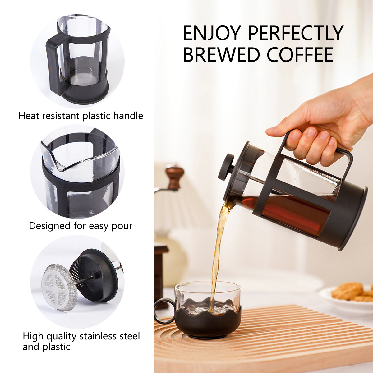 800ml Travel Cafetiere Stainless Steel Plunger Double Wall Plastic Glass Camping Portable Coffee Maker French Press