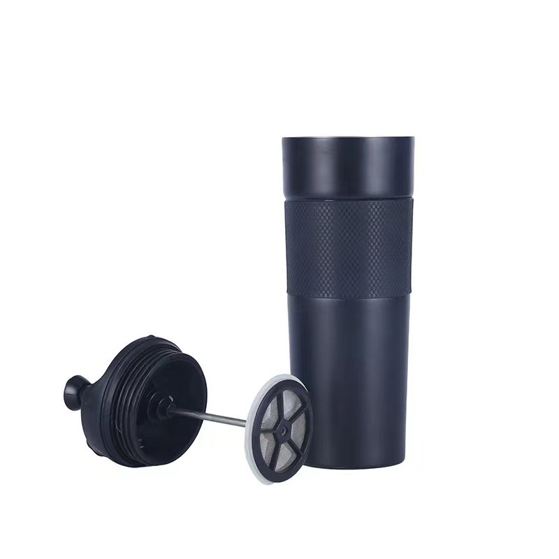 Travel Vacuum Insulated Coffee French Press Mug, Tumbler With Coffee Press Plunger. Hand Brew Coffee And Tea Maker Tumbler Cup