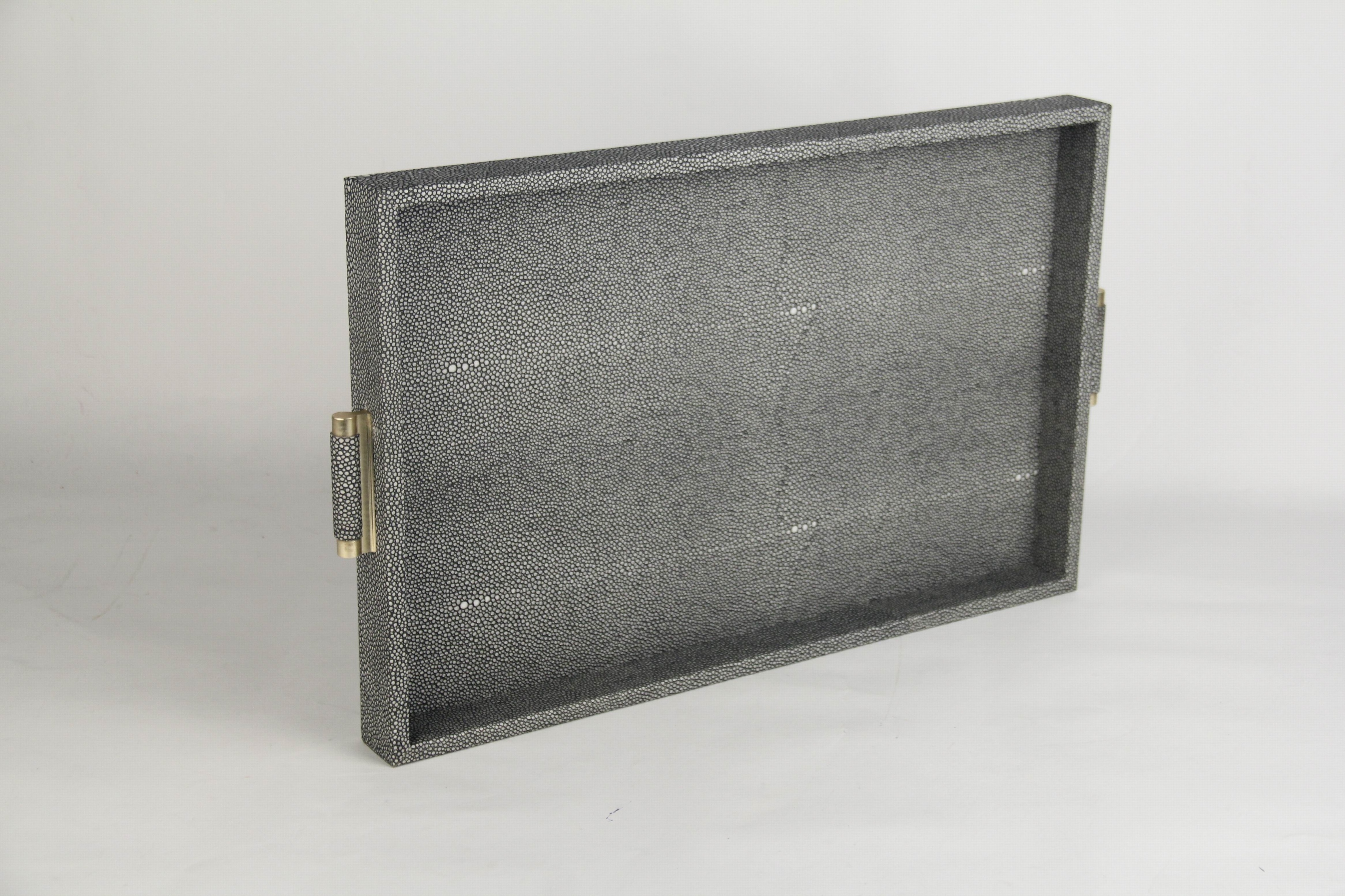 Luxury decorative tray Shagreen faux leather serving storage tray with gold handle