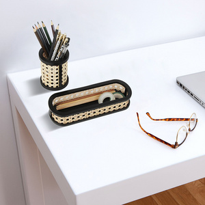 Multifunction black wooden and rattan pencil box for desktop pencils storage and organizer