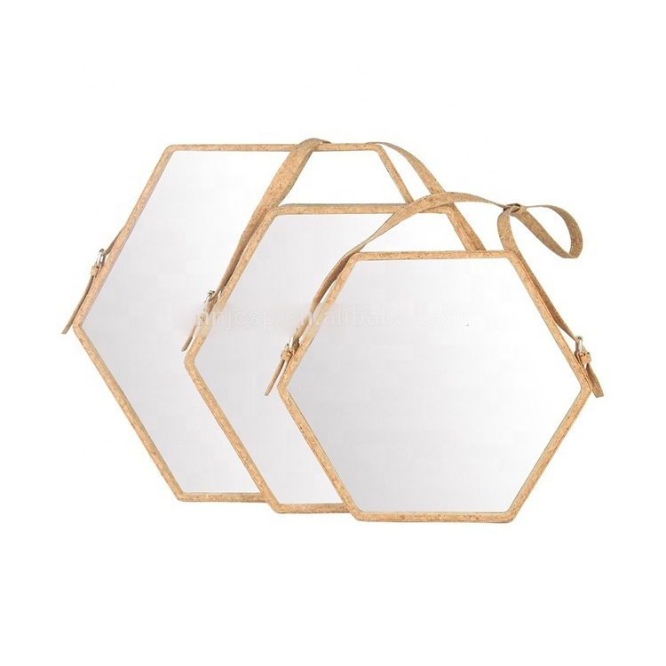 Medium hexagon cork hinged wall mounted mirror with leather strap