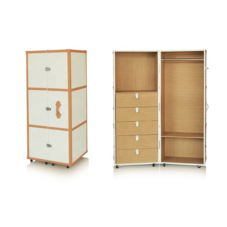 Leather Covered Multifunction Faux Leather Wardrobe With Wheels