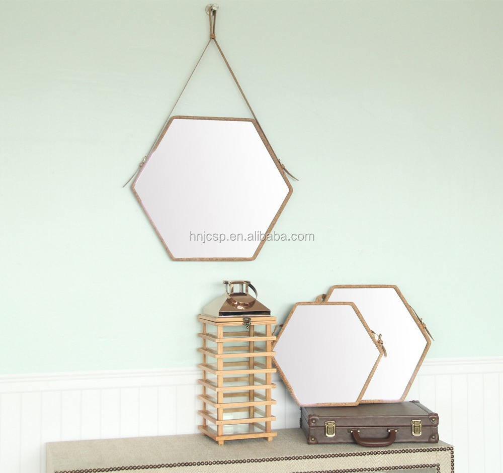 Medium hexagon cork hinged wall mounted mirror with leather strap