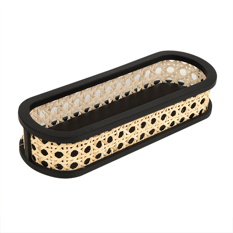 Multifunction black wooden and rattan pencil box for desktop pencils storage and organizer