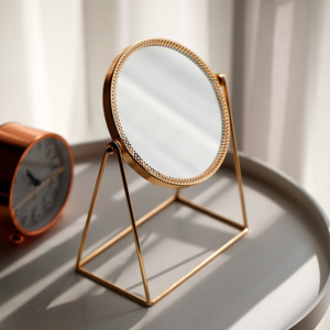 Round rose gold and gold desktop makeup mirror Metal decorative lace Single sided mirror