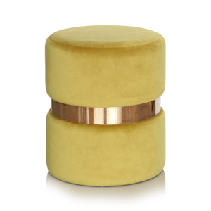 Round Yellow Ottoman Velvet Stool With Gold Accessories