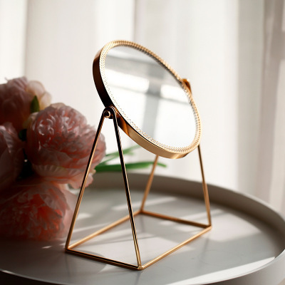 Round rose gold and gold desktop makeup mirror Metal decorative lace Single sided mirror