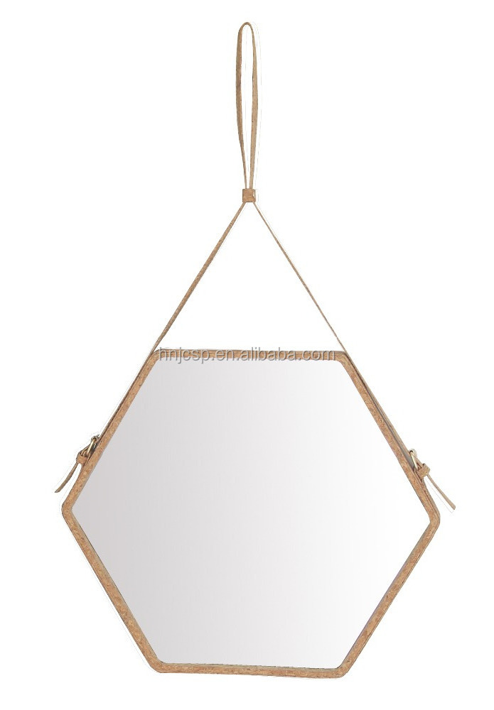 Medium hexagon cork hinged wall mounted mirror with leather strap