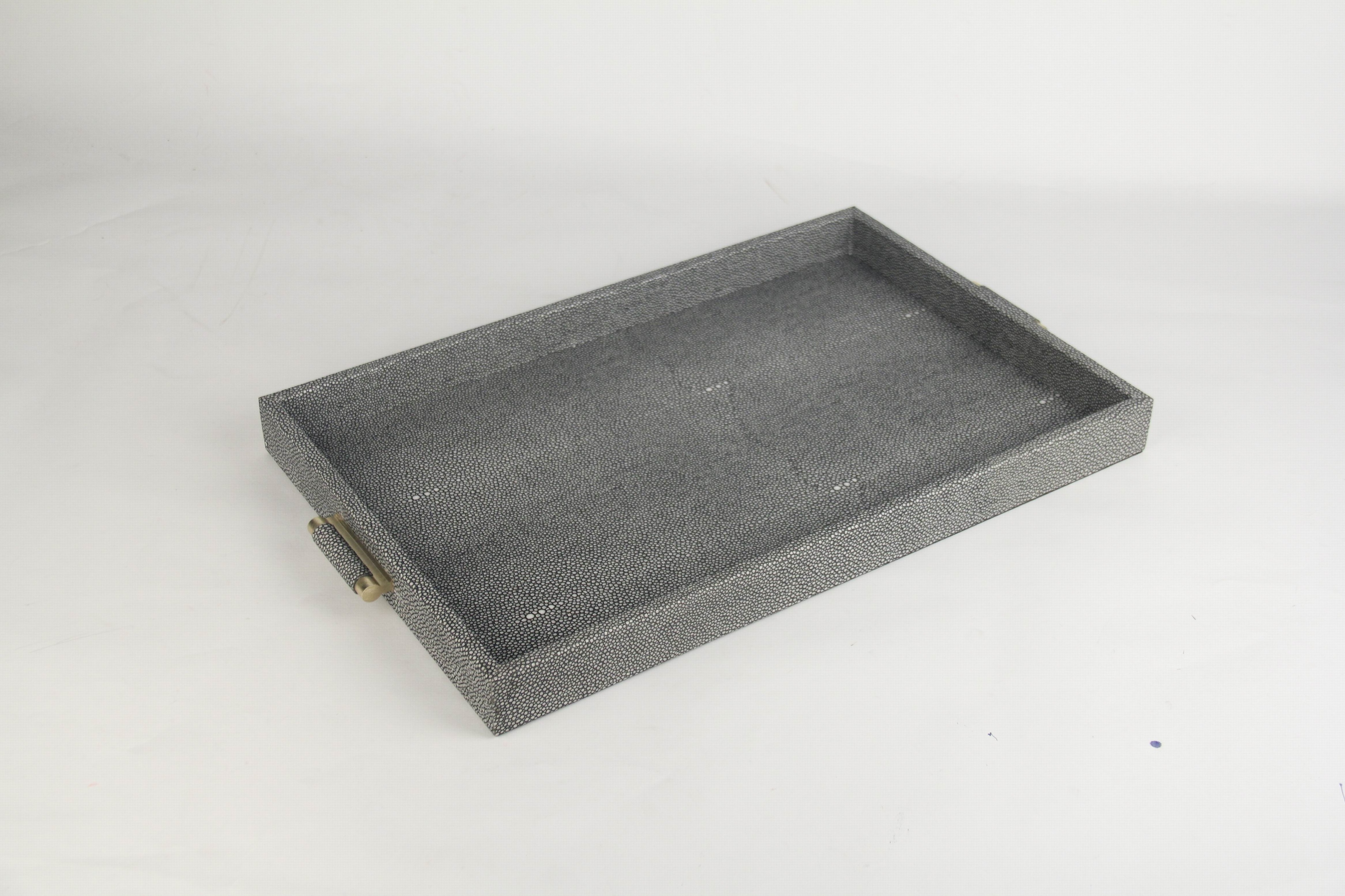 Luxury decorative tray Shagreen faux leather serving storage tray with gold handle