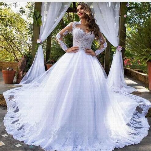 2023 Customize illusion long Sleeve Wedding Dress Plus size pure white / ivory elegant princess Bridal Gown