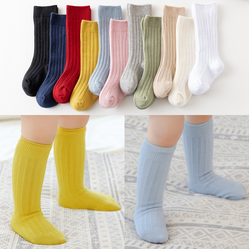 2022  New Stock 13 colors Spanish Spring ribbed knee high 200 N combed cotton knitted sweet children solid color kids baby socks