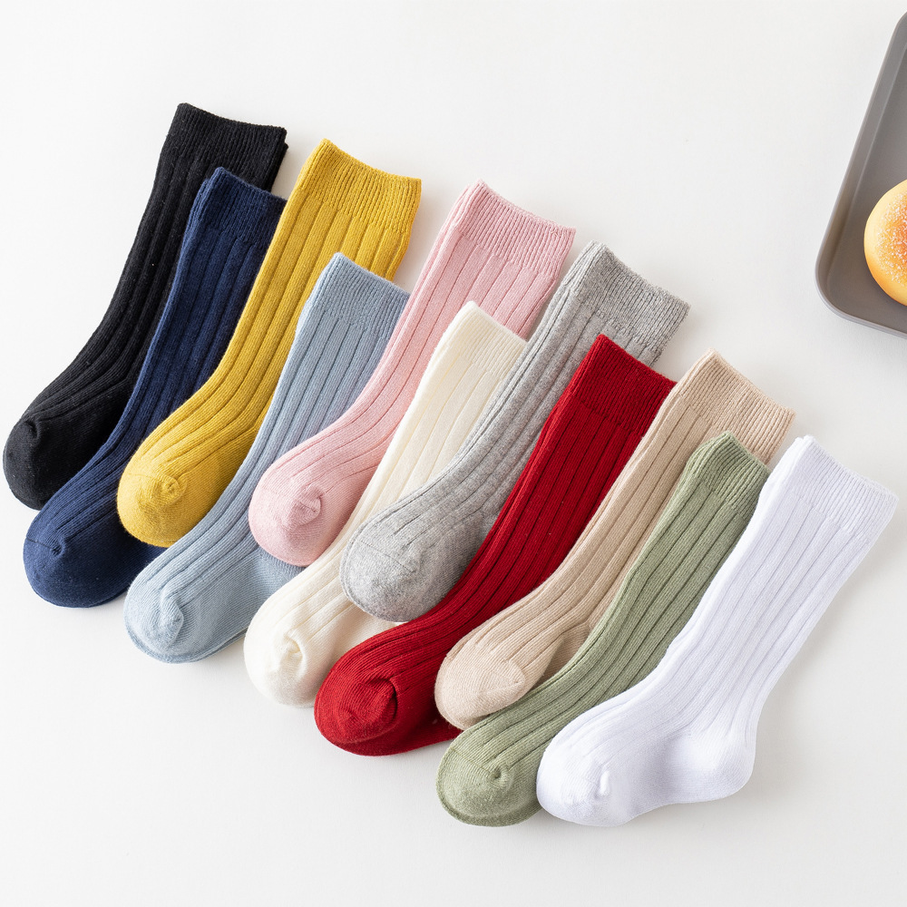 2022  New Stock 13 colors Spanish Spring ribbed knee high 200 N combed cotton knitted sweet children solid color kids baby socks