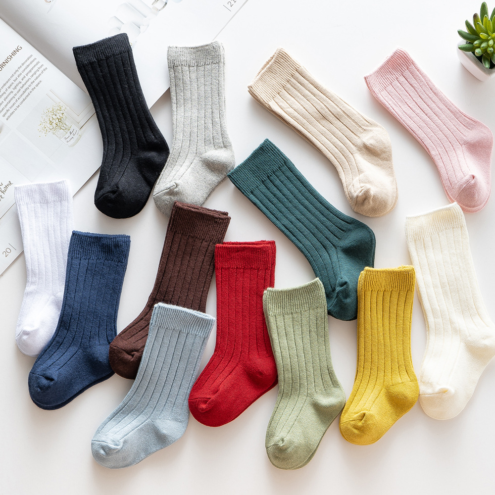 2022  New Stock 13 colors Spanish Spring ribbed knee high 200 N combed cotton knitted sweet children solid color kids baby socks