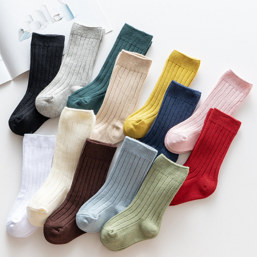 2022  New Stock 13 colors Spanish Spring ribbed knee high 200 N combed cotton knitted sweet children solid color kids baby socks