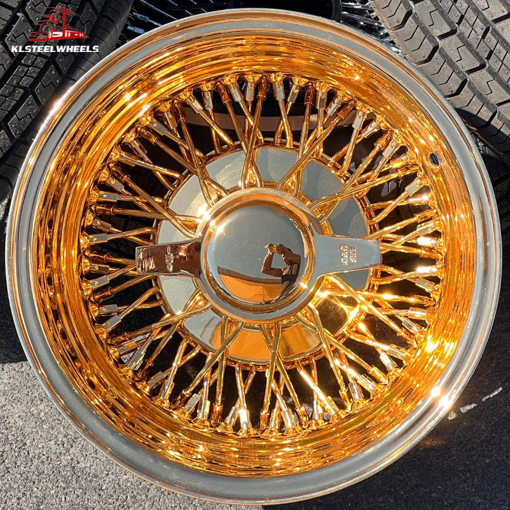 13-18 Inch Luxury Vintage Steel All Gold Wire Wheel 72 Spoke Gold Lip 2 Bar Knock off