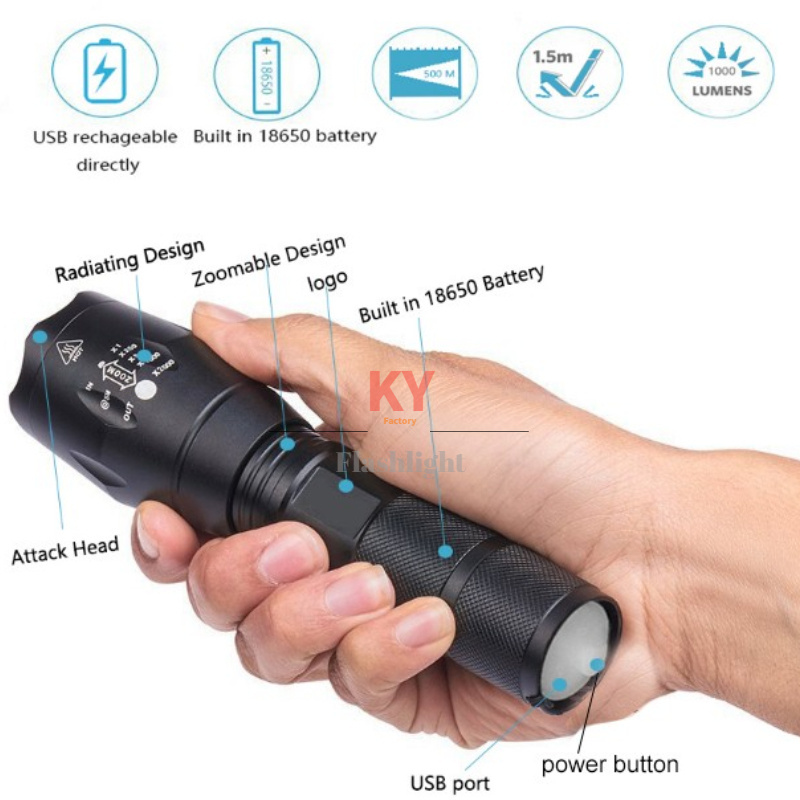 High Power Camp Waterproof Flash Light Set Powerful USB Rechargeable Tactical Torches Flashlights, Led Flashlight Manufacturer