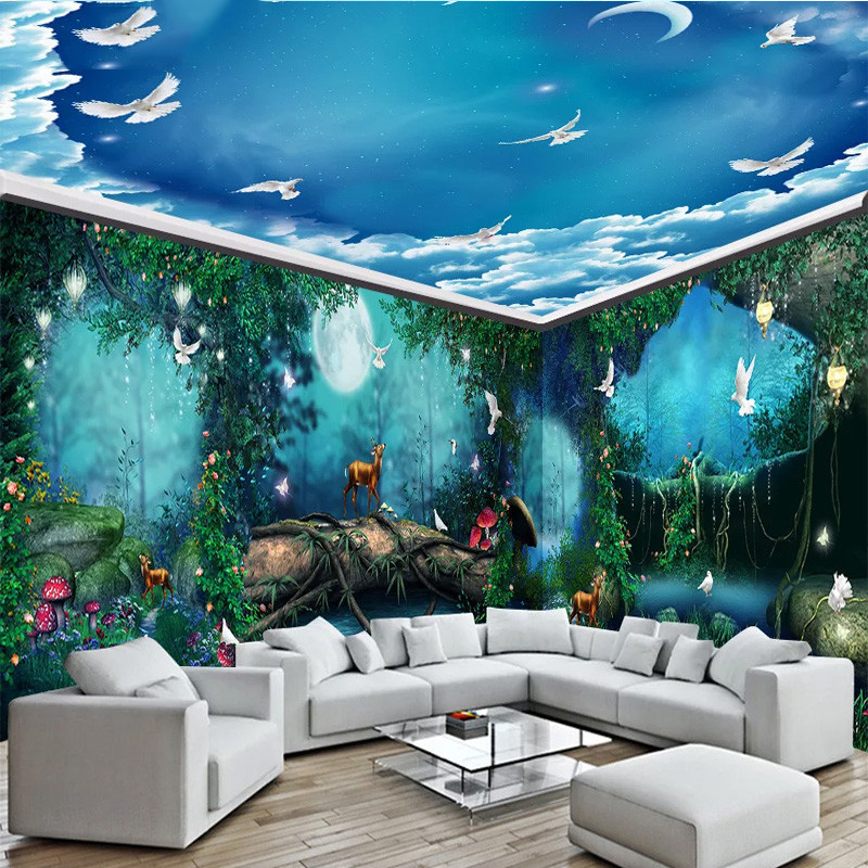 Customized Blue Sky Sea Wallpaper Mural, Beach Fairy Tale Forest Whole House Background Wall Bedroom Mural Wallpaper