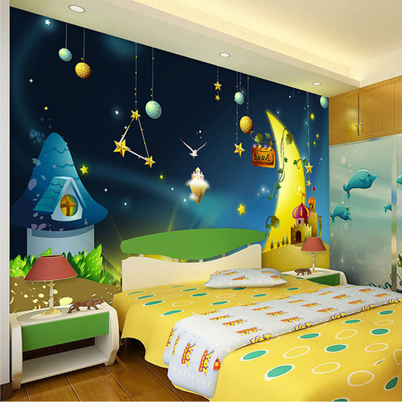 Custom Eco-friendly Non-woven Wallpaper Boys And Girls Bedroom Background Wall Mural Universe Star Cartoon Theme Wallpaper Roll