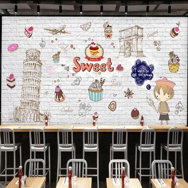 3d Mural Hand Painted Cake Shop Bar Coffee Shop Total Wallpaper Damask 3d Wallpaper Fabric Backed Vinyl Wallpaper