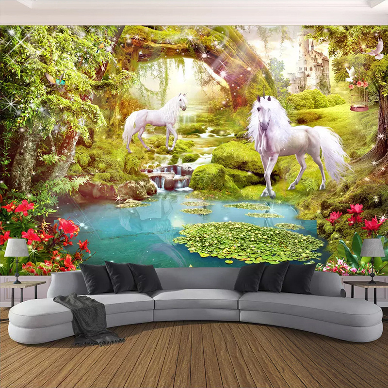 Custom 3D Wall Mural Wallpaper Home Decor Forest White Horse Nature Landscape 3D Photo Wall Paper For Living Room Bedroom Murals