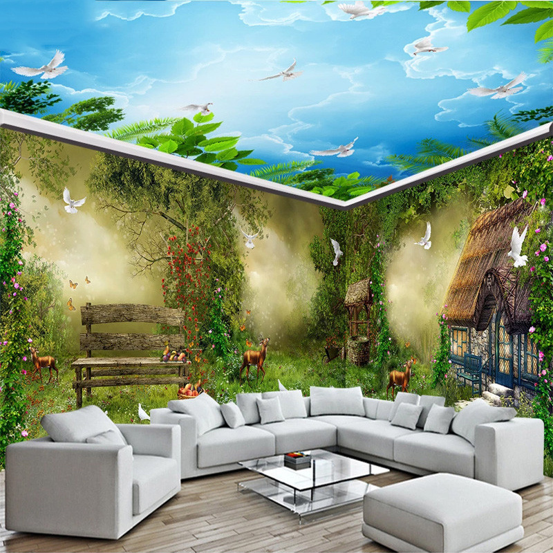 Customized Blue Sky Sea Wallpaper Mural, Beach Fairy Tale Forest Whole House Background Wall Bedroom Mural Wallpaper