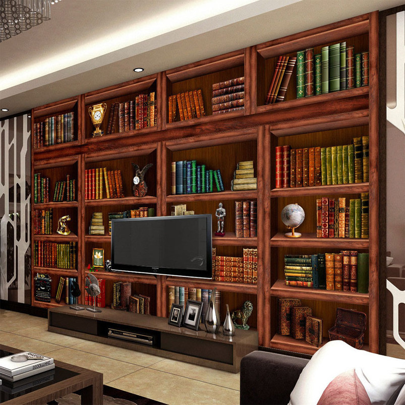 Custom Any Size 3D Wall Mural Wallpaper Living Room Study Bookshelf Bookcase 3D Backdrop Mural Wall Covering Papel De Parede 3D