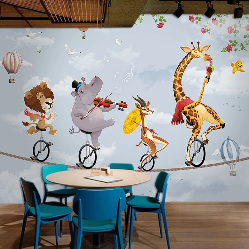 Custom 3D Mural Wallpaper For Kids Room Cartoon Animal Lion Elephant Giraffe Photo Wall Fresco Children Room Decor Wallpapers