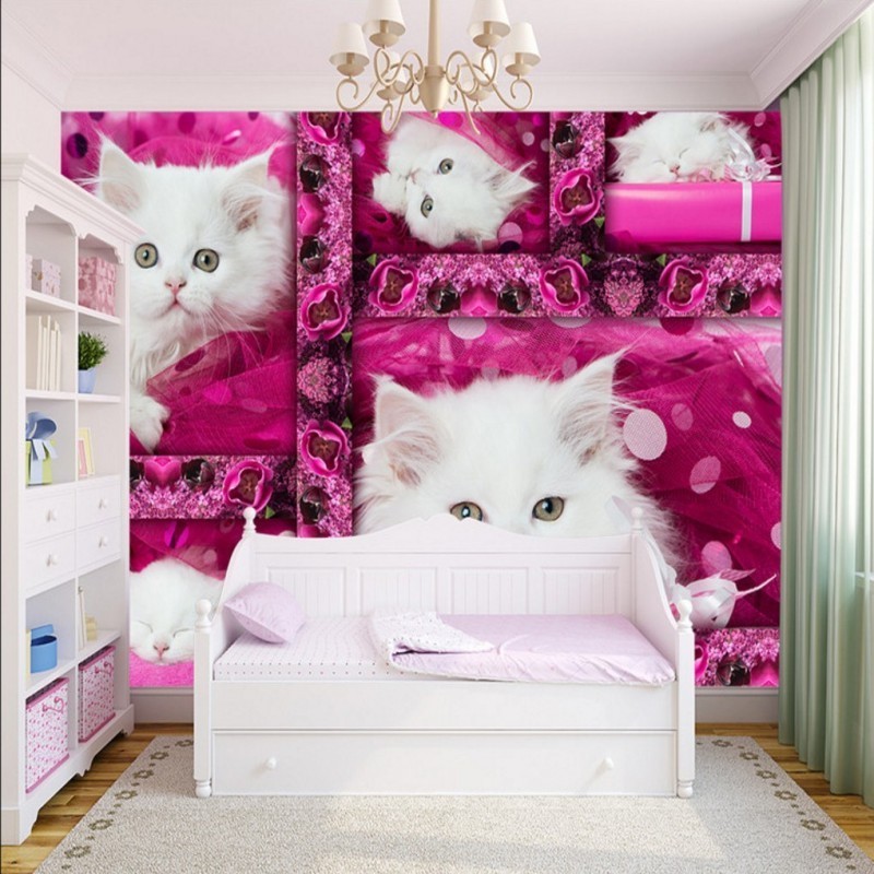 White Kitten Living Room, Children'S Room, Girls Room Green Wallpaper