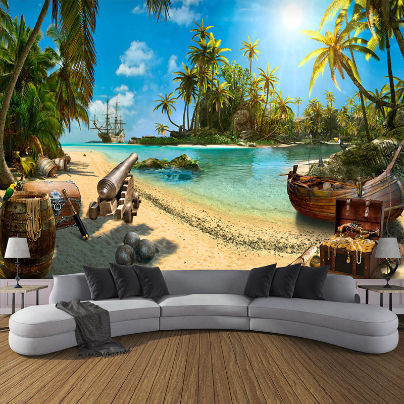 Custom Any Size 3D Wall Mural Wallpaper Home Decor Sandy Beach Coconut Trees Sea Island Landscape Wall Painting Photo Wallpaper