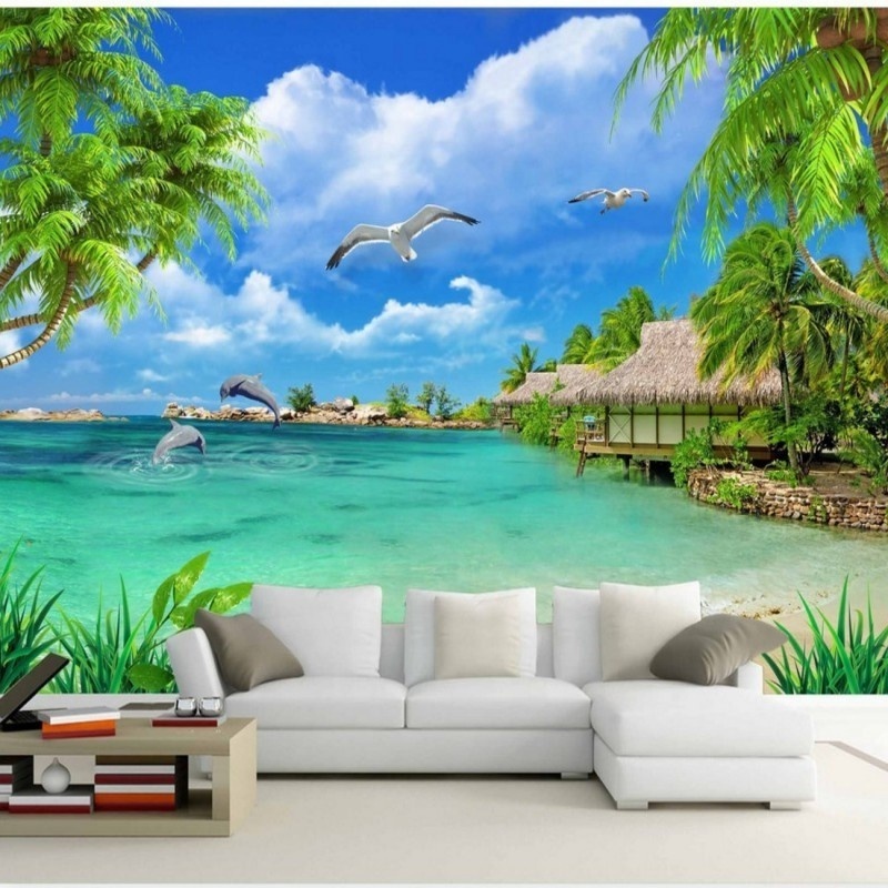 Vintage Wallpaper Blue Ocean Coco Tree Landscape View 3d Floor Wallpaper 3d Wallpaper Flower