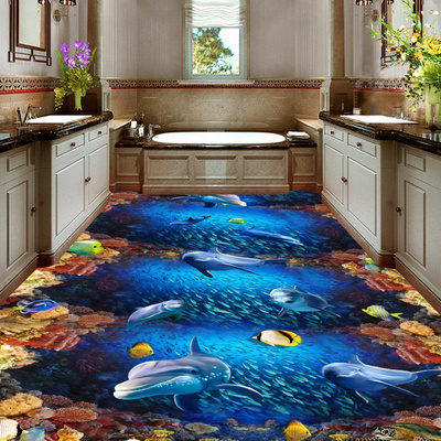 Underwater World Dolphin Coral Bathroom Floor Sticker Kitchen Floor Sticker Custom Toilets  Floor Sticker