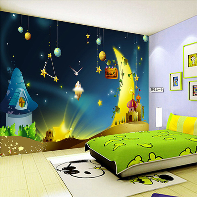 Custom Eco-friendly Non-woven Wallpaper Boys And Girls Bedroom Background Wall Mural Universe Star Cartoon Theme Wallpaper Roll