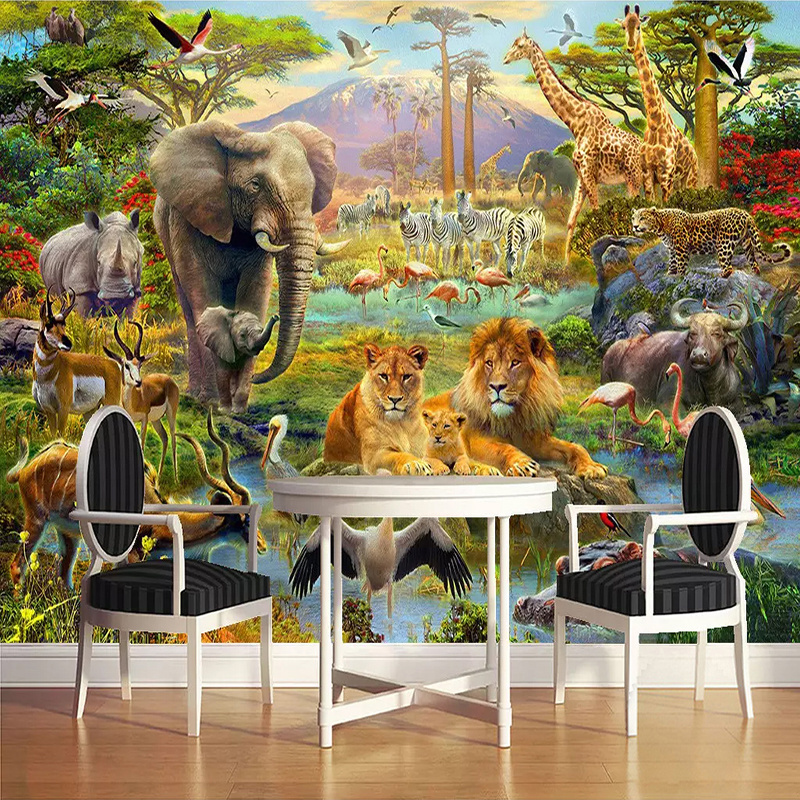 Custom 3D Photo Wallpaper Murals Cartoon Forest Animal World Children Kids Bedroom Living Room Elephant Lion Mural Wallpaper 3D