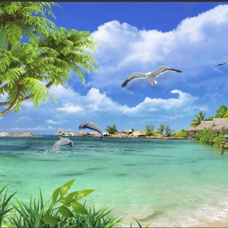 Vintage Wallpaper Blue Ocean Coco Tree Landscape View 3d Floor Wallpaper 3d Wallpaper Flower