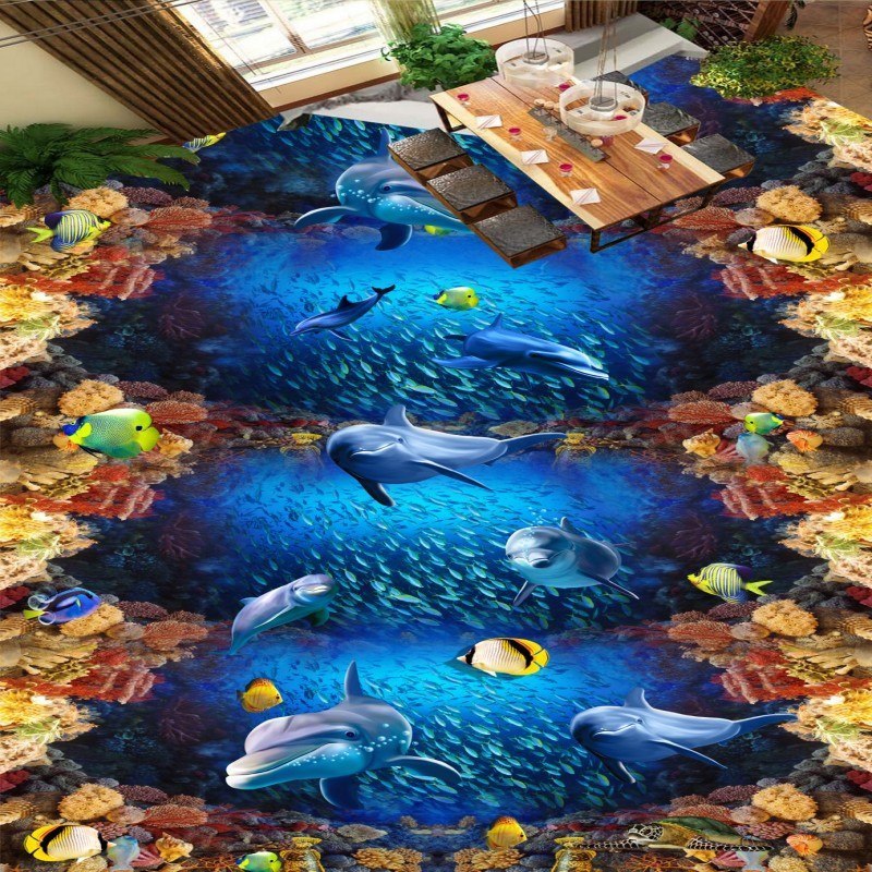 Underwater World Dolphin Coral Bathroom Floor Sticker Kitchen Floor Sticker Custom Toilets  Floor Sticker