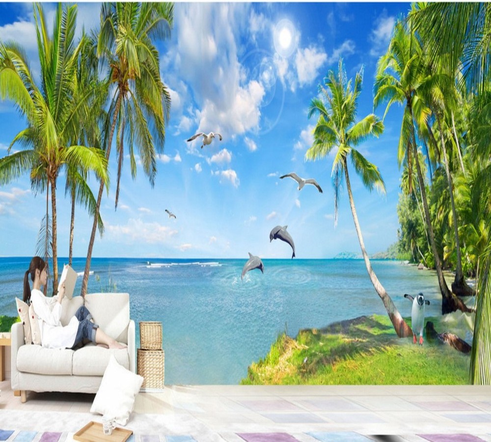 Beautiful Seascape Landscape Dolphin Bay Summer Scenery Beach Wallpaper Heat Resistant Wallpaper 3d