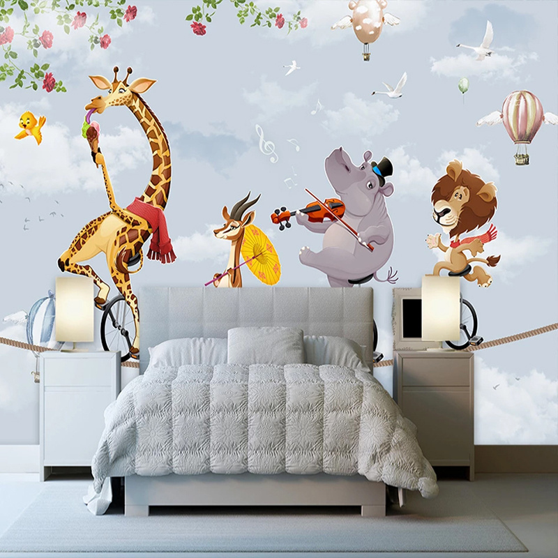 Custom 3D Mural Wallpaper For Kids Room Cartoon Animal Lion Elephant Giraffe Photo Wall Fresco Children Room Decor Wallpapers