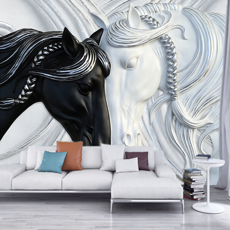 Custom Photo Wallpaper For Walls 3D Art Fashion Murals Black White Double Horses Embossed Non-woven Wallpaper Wall Coverings