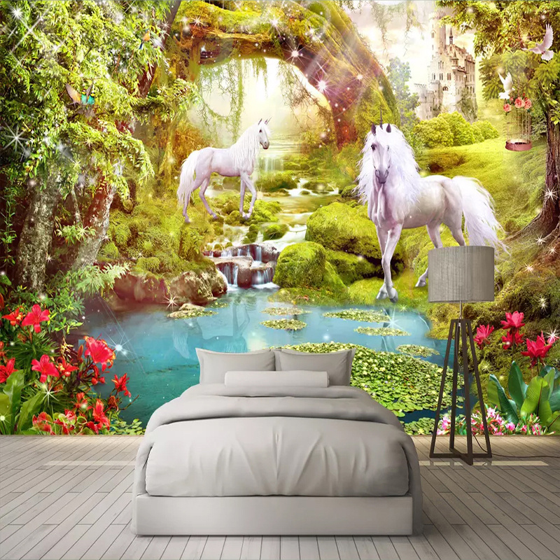 Custom 3D Wall Mural Wallpaper Home Decor Forest White Horse Nature Landscape 3D Photo Wall Paper For Living Room Bedroom Murals